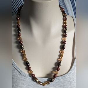Gorgeous Beaded Necklace Brown Copper Gold Rhinestone Beads Bohemian Boho Dressy